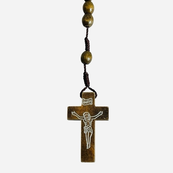 Catholic Rosary Brown Wood Beaded Rosary Necklace Inri Cross Crucifix Rosary - Picture 3 of 7